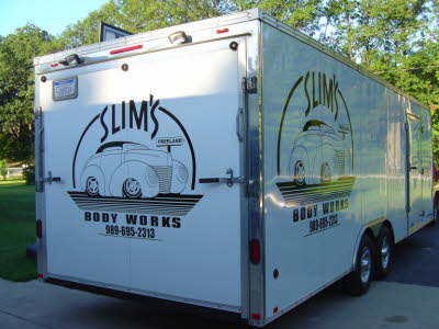Slims Body Works, Enclosed Car Hauler Graphics and Decals, Contractor Trailer Lettering, Contractor Trailer Graphics, Enclosed Trailer Graphics, Enclosed Trailer Wraps, Graphics, Wraps, Lettering