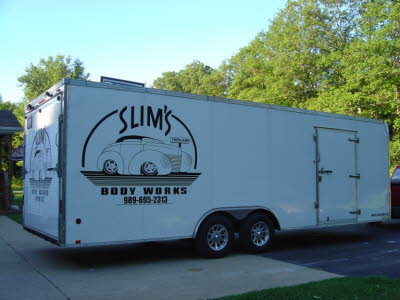 Slims Body Works, Enclosed Car Hauler Graphics and Decals, Contractor Trailer Lettering, Contractor Trailer Graphics, Enclosed Trailer Graphics, Enclosed Trailer Wraps, Graphics, Wraps, Lettering